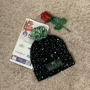 Black & White Speckled Knit Beanie with Green Pom Pom | Cozy Winter Hat